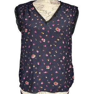 rebecca taylor silk shirt navy dainty floral lace short sleeve blouse size 6